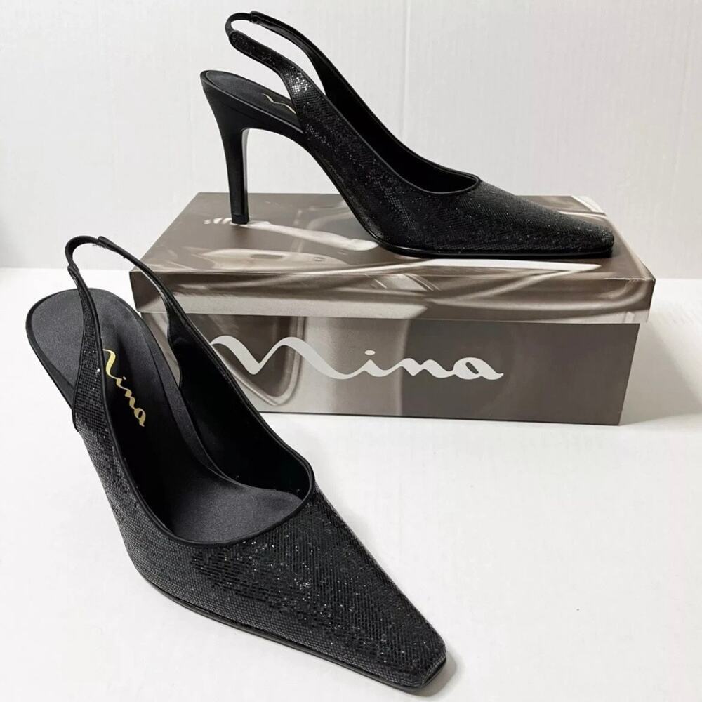 Nina Women's Taren Heels Size 8.5M Black Crystal Sling Backs Pointed Toe w/ Box - Picture 3 of 12